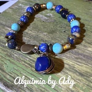 Chunky Lapis lazuli turquoise beaded gemstone charms brass bracelet